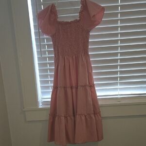 Pink Smocked Puff Sleeve Tiered Midi Dress